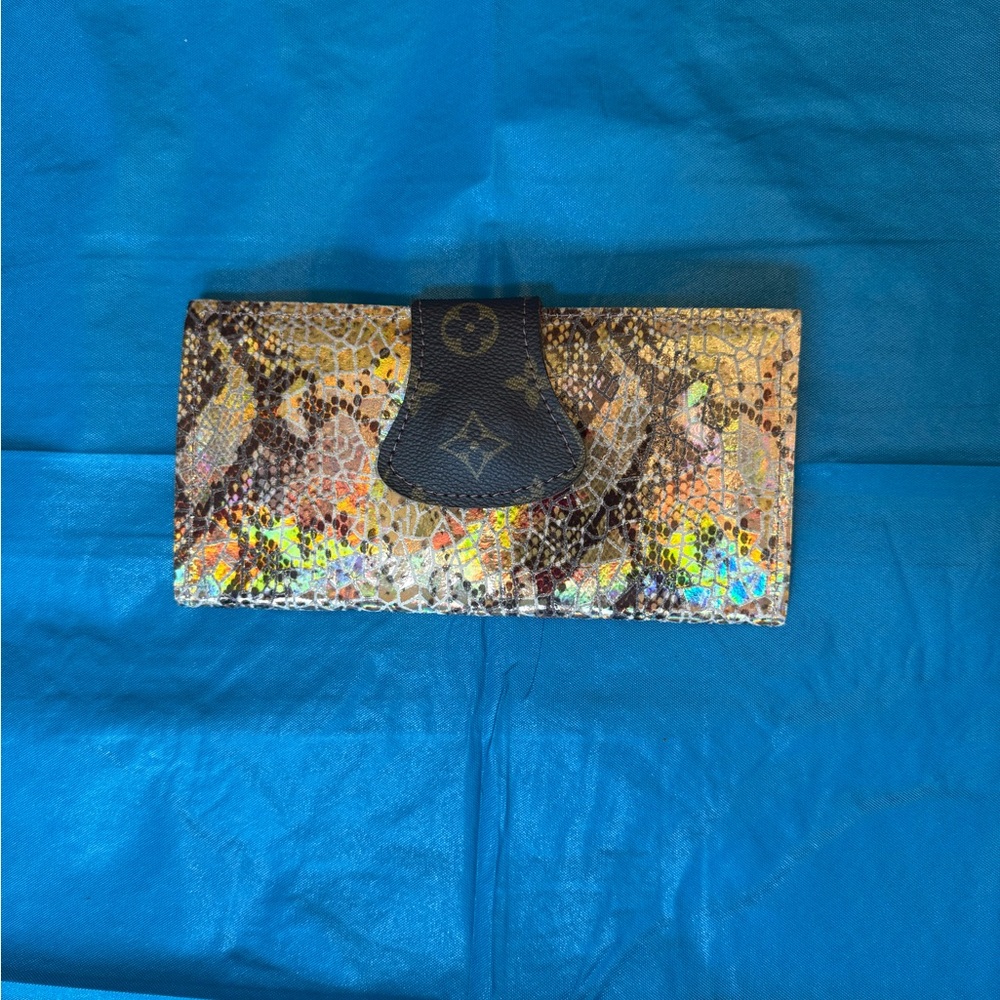 LV Iridescent Snake-Print Wallet with Monogram Flap
